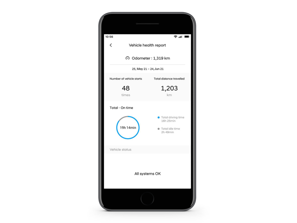 Close-up of the Hyundai Bluelink app with the Vehicle Report on the screen.